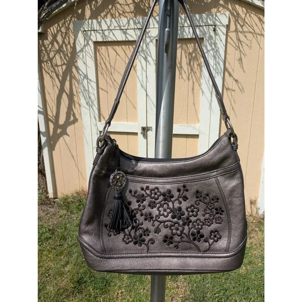 Brighton Handbag Embroidered Flowers Leather Metallic Pewter w/ Tassel Purse HTF
